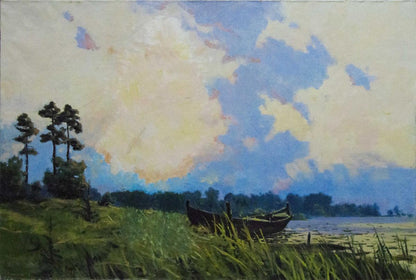 Oil painting by Dumenko Sergey Danilovich: rowboat on grassy shore under vast sky