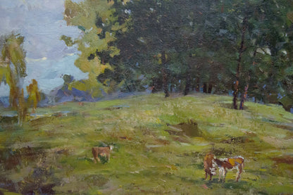 Oil painting by Maltsev Nikolay Alexandrovich: cows grazing in sunlit field