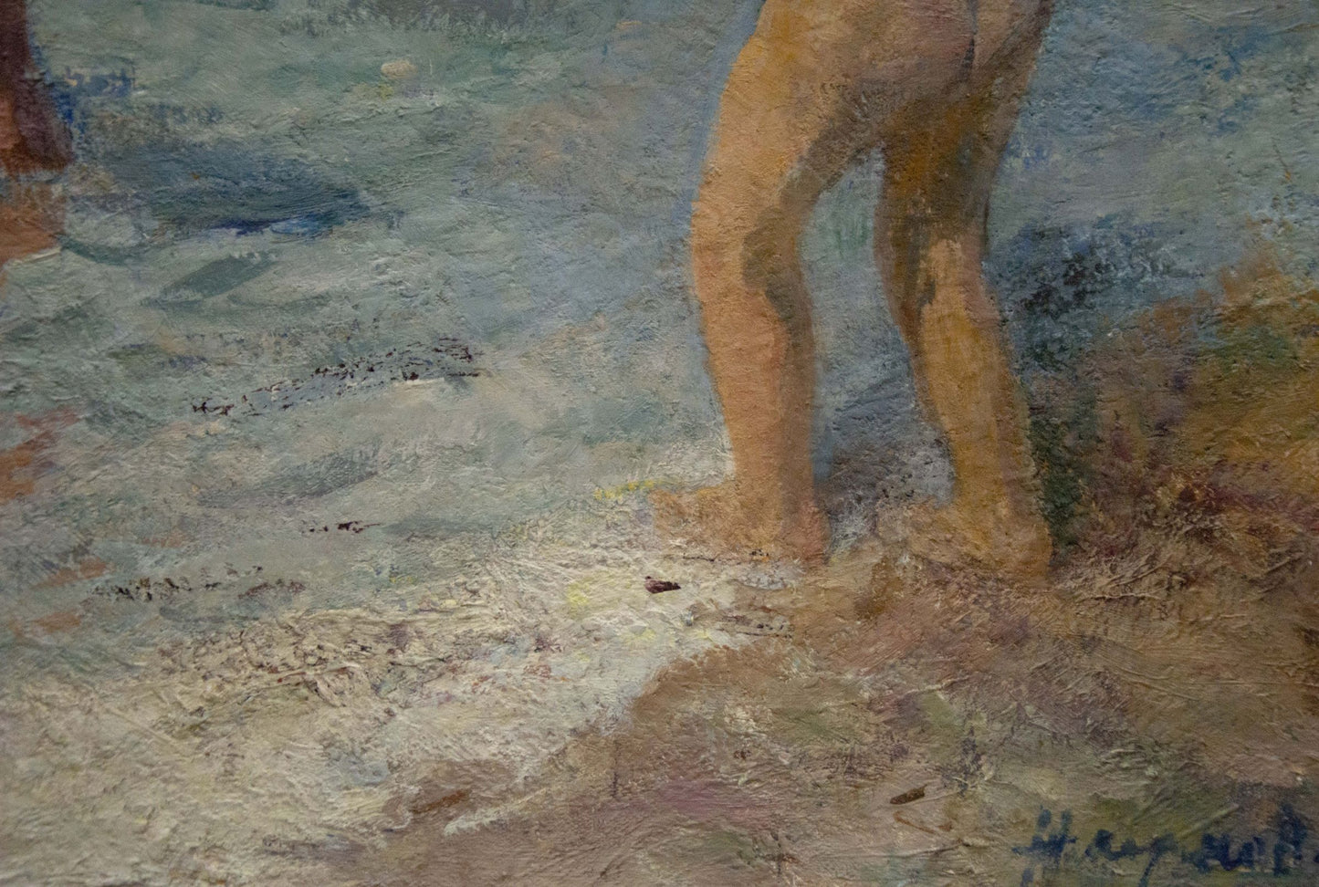 Impressionistic oil painting of nude childrens legs on sandy beach by Naumova Tamara Sergeevna
