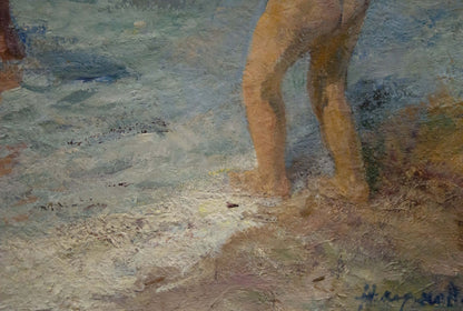 Impressionistic oil painting of nude childrens legs on sandy beach by Naumova Tamara Sergeevna