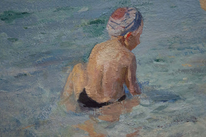 Oil painting of child in striped swim cap and black trunks in shallow sea water by Naumova Tamara Sergeevna