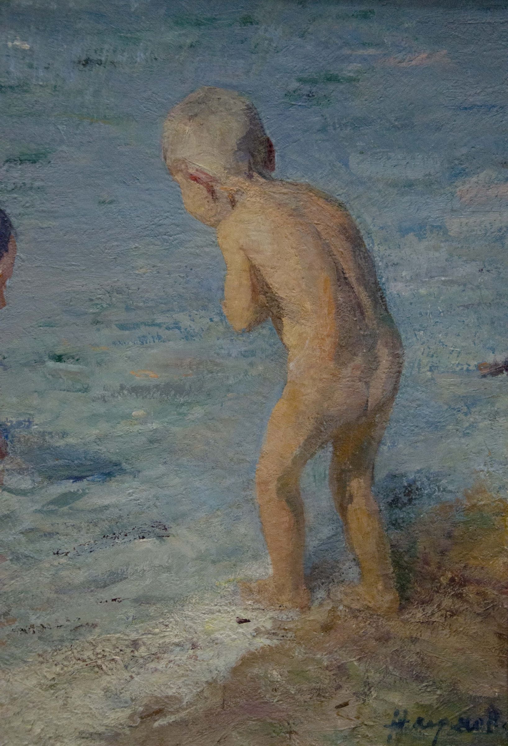 Impressionistic oil painting of barefoot child by sea by Naumova Tamara Sergeevna