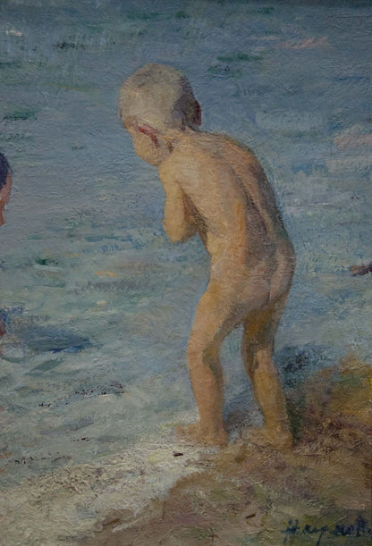 Impressionistic oil painting of barefoot child by sea by Naumova Tamara Sergeevna