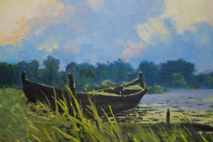 Oil painting by Dumenko Sergey Danilovich: rowboat on grassy shore under cloudy sky