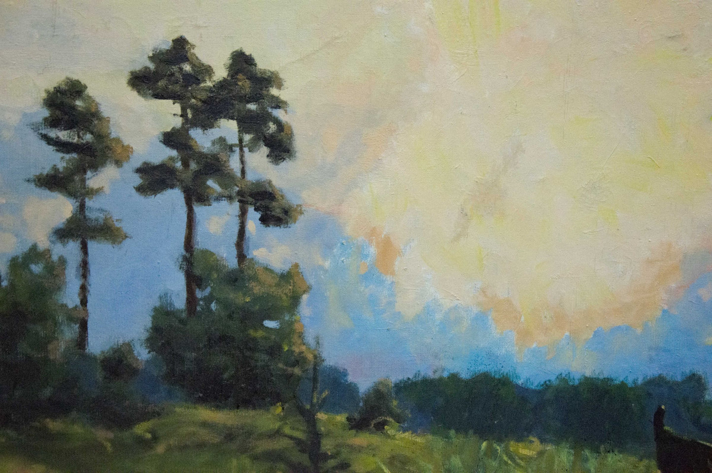 Serene oil painting by Dumenko Sergey Danilovich: tall pine trees, gradient sky