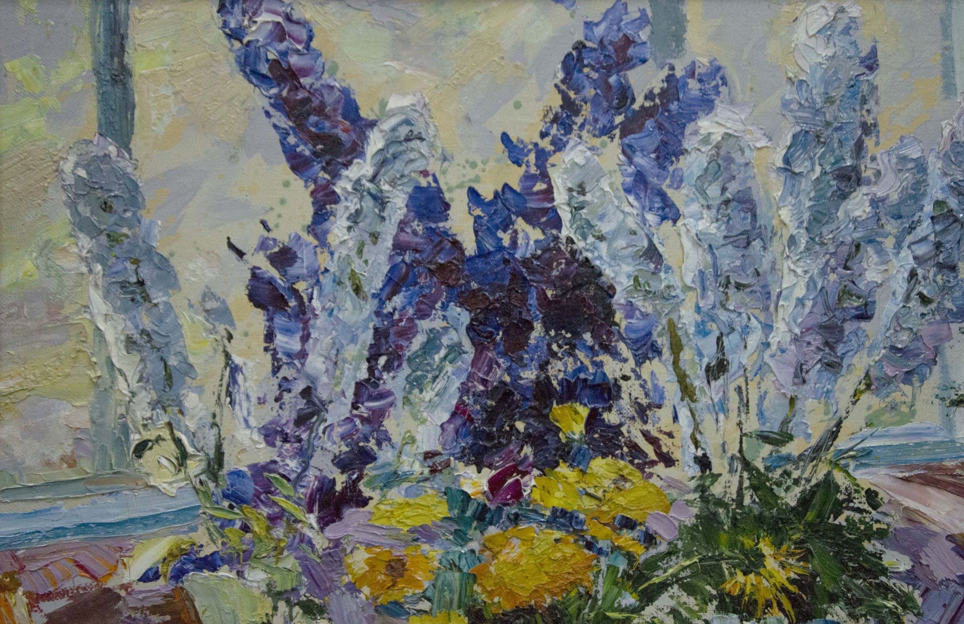 Vibrant impressionist oil painting of purple lupines and yellow dandelions by Sergey Shapovalov