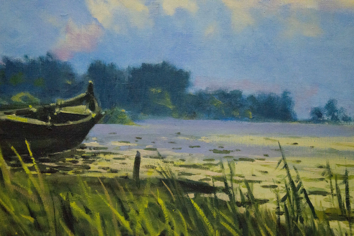 Oil painting by Dumenko Sergey Danilovich: rowboat on grassy shore by calm water