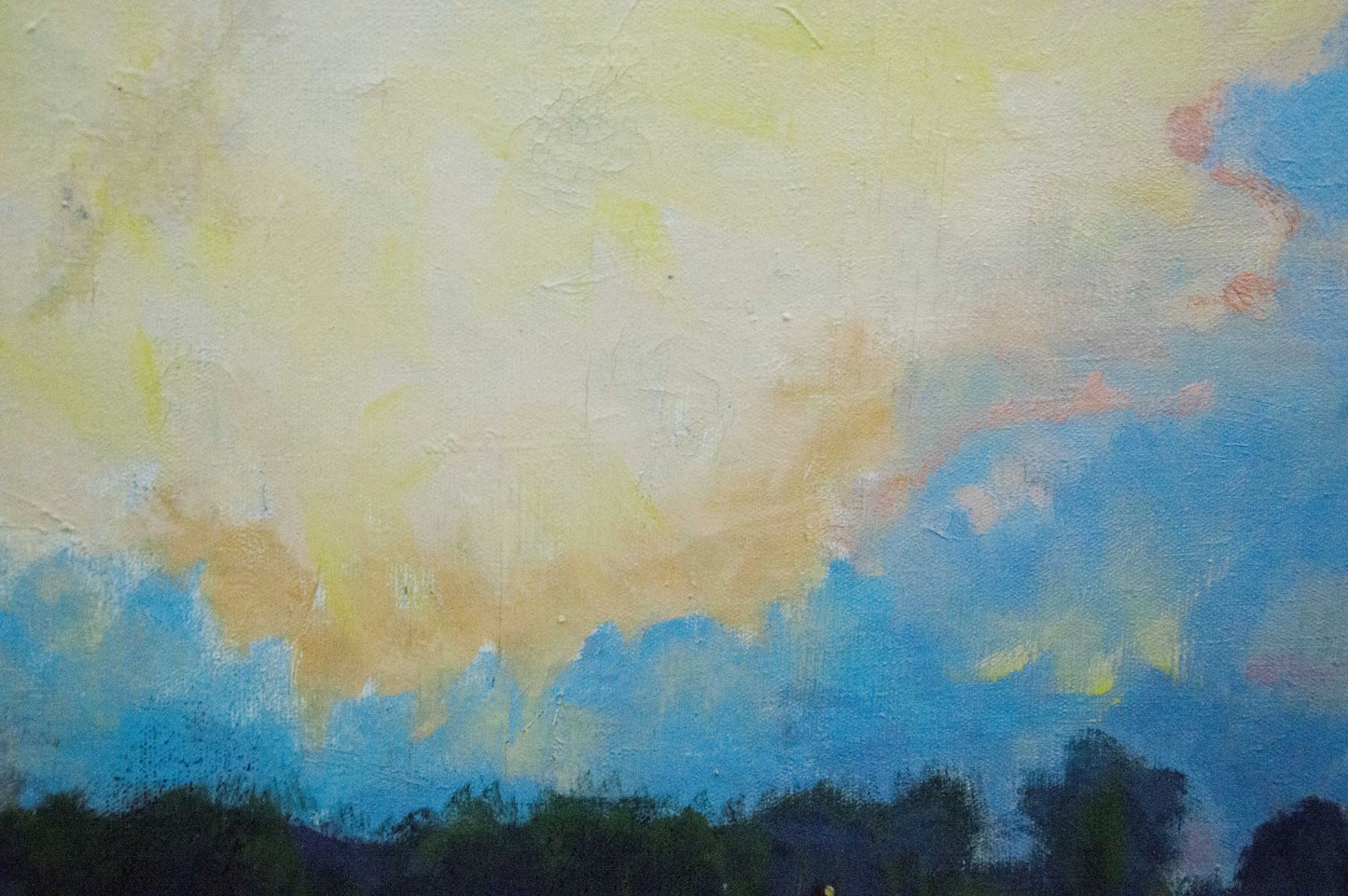Oil painting landscape by Dumenko Sergey Danilovich: yellow blue clouds over green trees