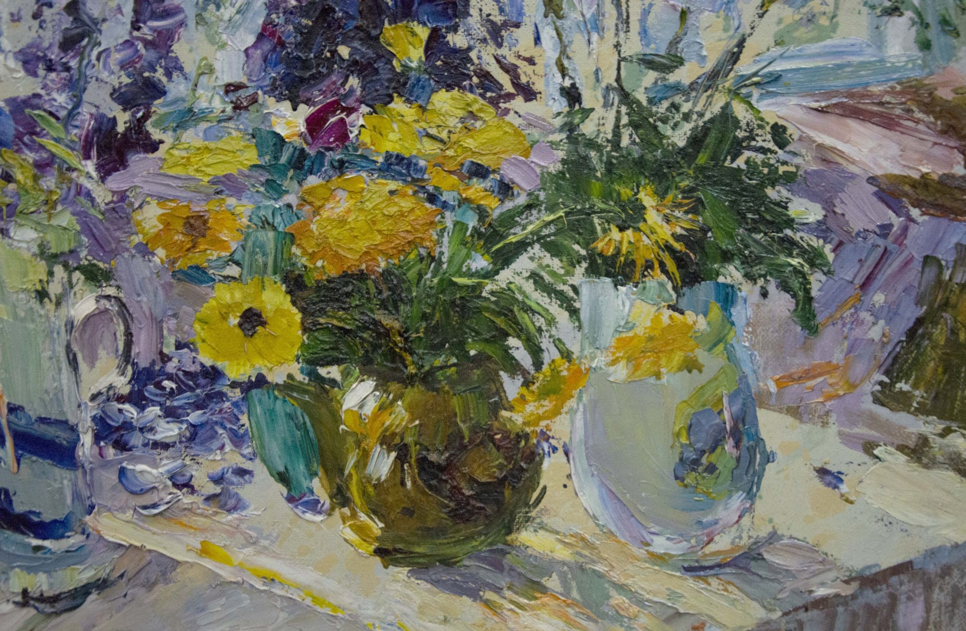 Oil painting by Sergey Shapovalov: vibrant yellow purple flowers in greenish-yellow vase