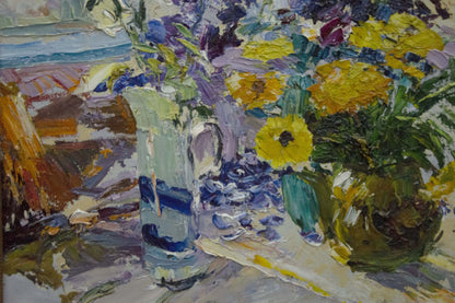 Vibrant impressionist oil painting of sunflowers in room by Sergey Shapovalov