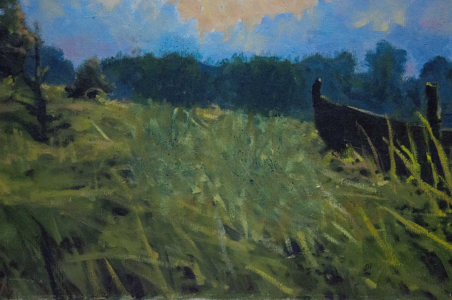 Silhouetted dog in tall grass field, oil painting by Dumenko Sergey Danilovich