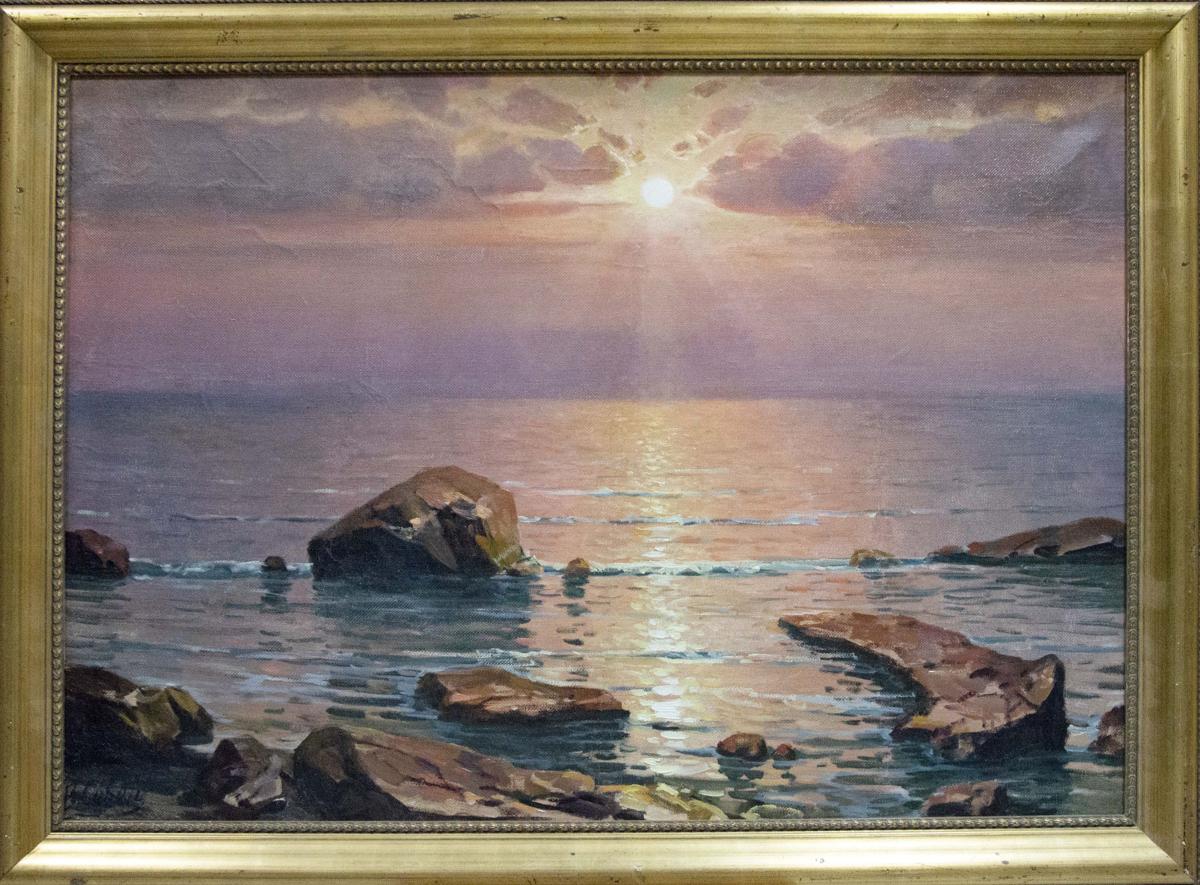 Oil painting Sunset at Sea by Sevets Victor Stepanovich in ornate golden frame