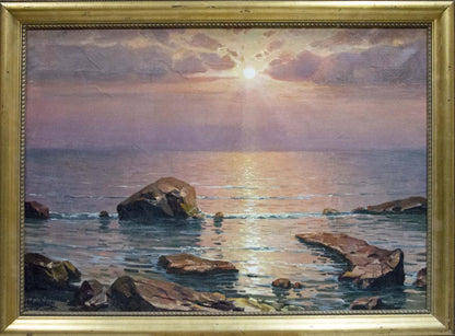 Oil painting Sunset at Sea by Sevets Victor Stepanovich in ornate golden frame
