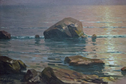 Oil painting Sunset at sea by Sevets Victor Stepanovich: textured rock in rippling water
