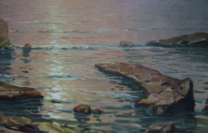 Oil painting Sunset at Sea by Sevets Victor Stepanovich, serene coastal rocks