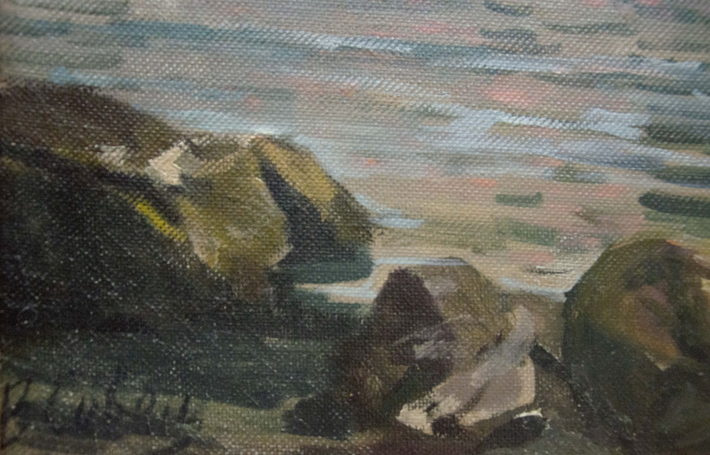 Oil painting Sunset at sea by Sevets Victor Stepanovich: textured rocks on shoreline