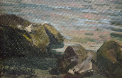 Oil painting Sunset at sea by Sevets Victor Stepanovich: textured rocks on shoreline