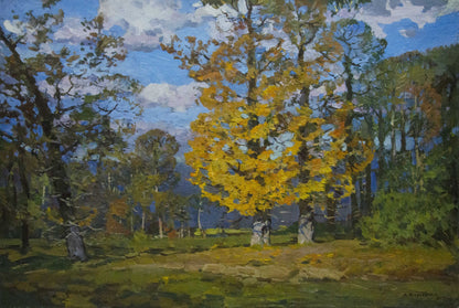 Vibrant yellow tree in sunlit autumn forest oil painting by Khodchenko Lev Pavlovich