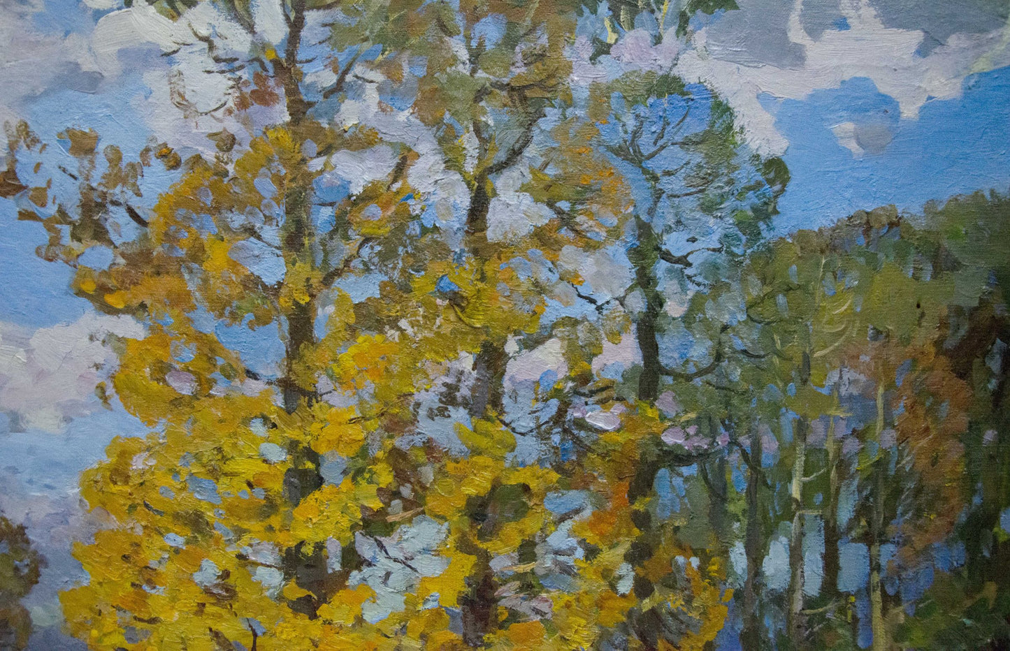 Oil painting by Khodchenko Lev Pavlovich: park trees golden foliage blue sky