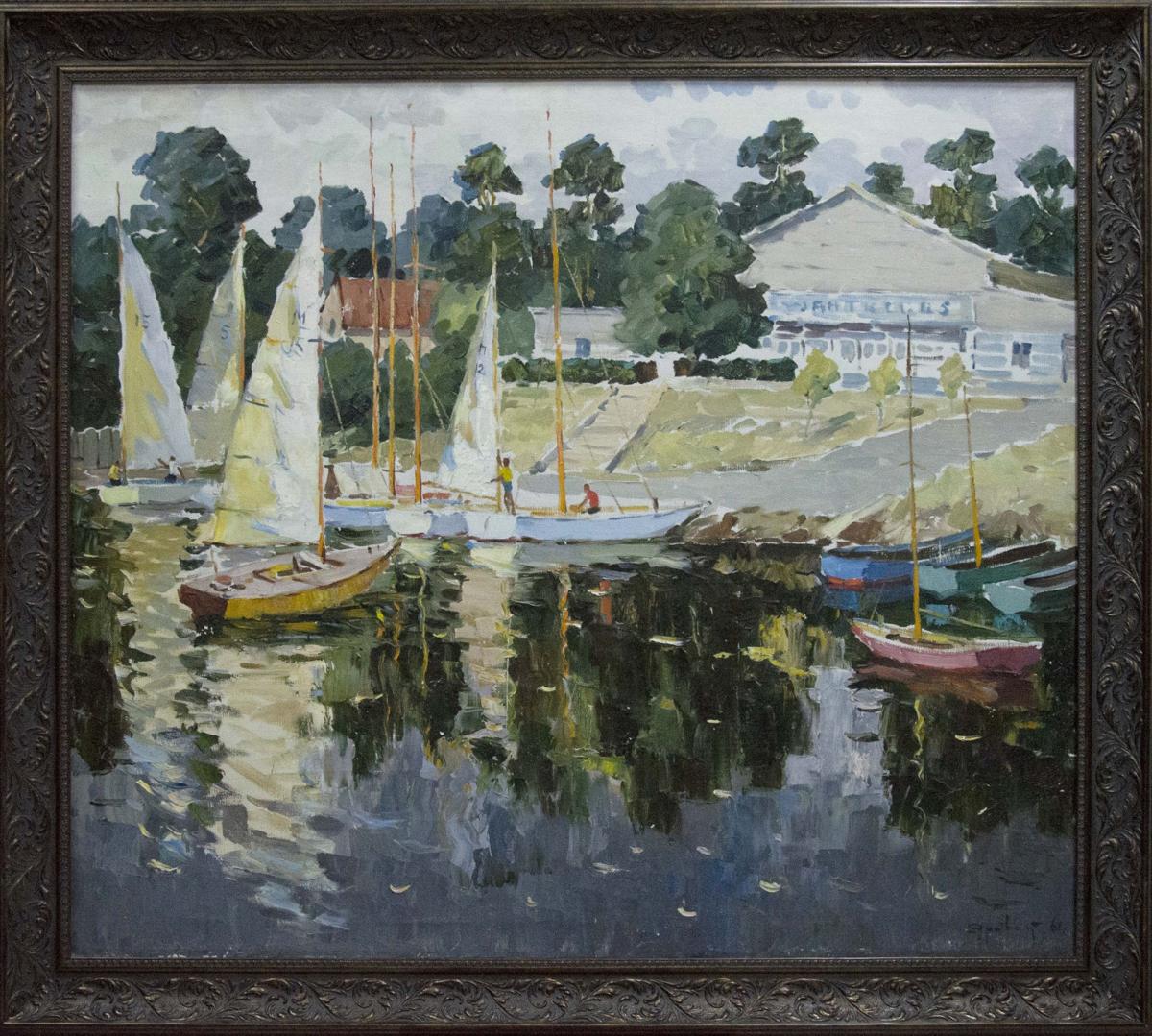 Oil painting of serene harbor sailboats by Yarovoy Stepan Kalinovich in ornate frame