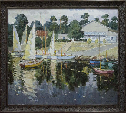 Oil painting of serene harbor sailboats by Yarovoy Stepan Kalinovich in ornate frame