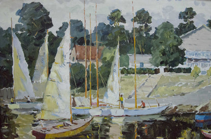 Oil painting of sailboats in harbor by Yarovoy Stepan Kalinovich