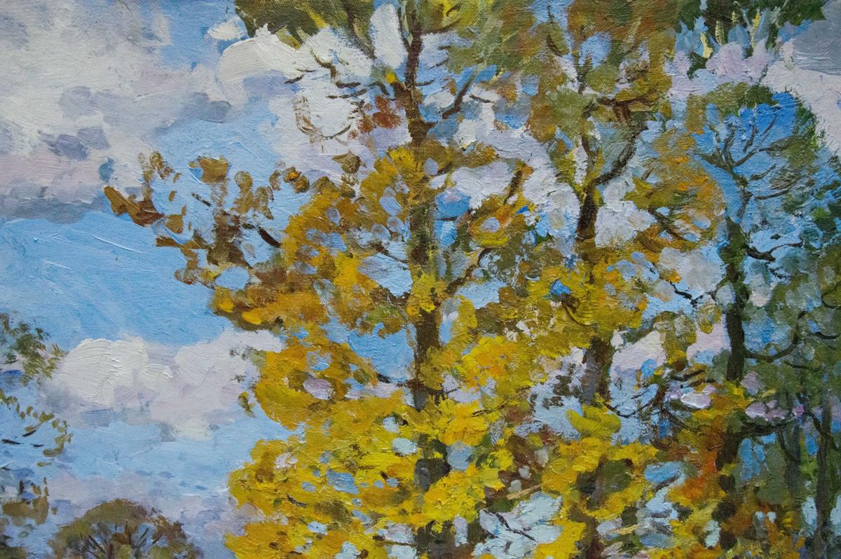 Oil painting of vibrant yellow tree in park by Khodchenko Lev Pavlovich