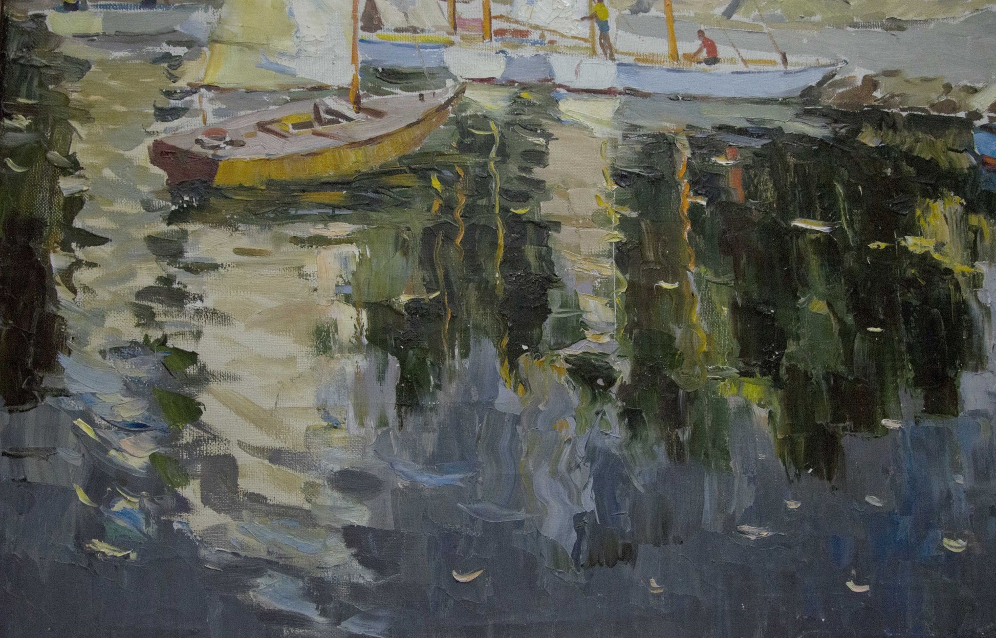 Oil painting of yellow sailboat near shore by Yarovoy Stepan Kalinovich