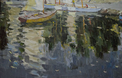 Oil painting of yellow sailboat near shore by Yarovoy Stepan Kalinovich