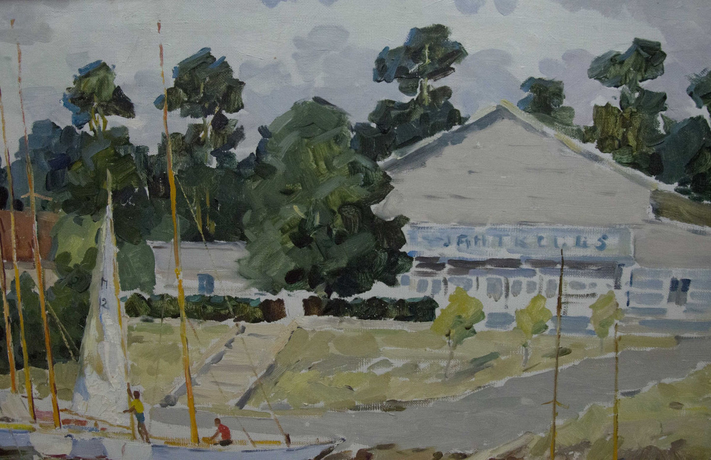 Oil painting of boats near shore by Yarovoy Stepan Kalinovich with Jättelas building