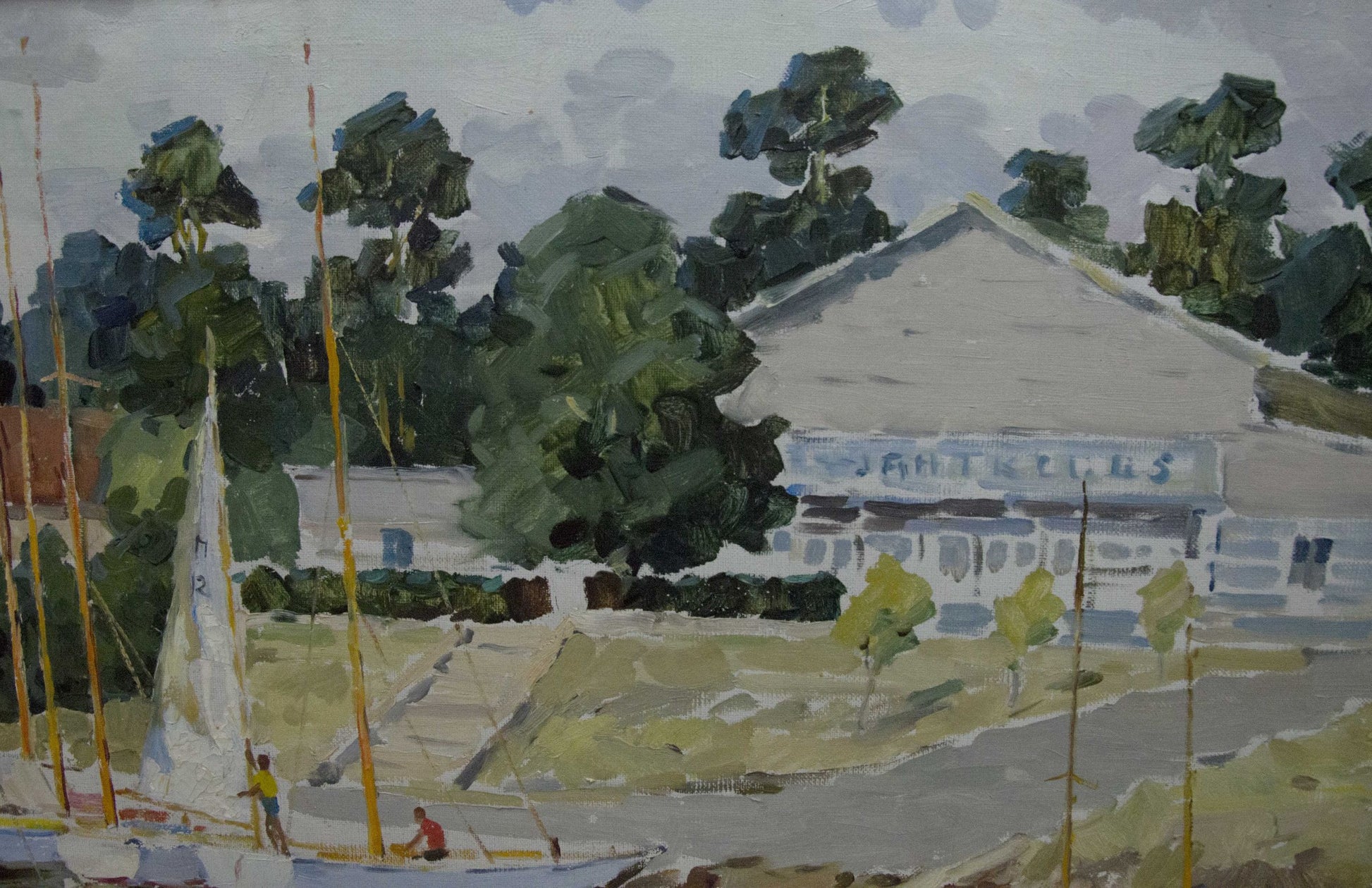 Oil painting of boats near shore by Yarovoy Stepan Kalinovich with Jättelas building