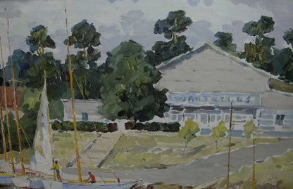 Oil painting of boats near shore by Yarovoy Stepan Kalinovich with Jättelas building