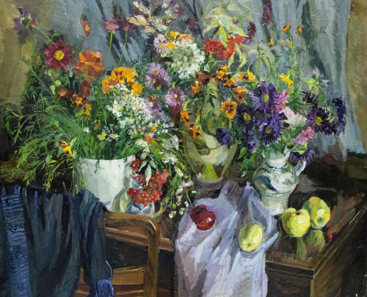 Oil painting of vibrant floral still life with apples by Ivchenko Anatoly Avramovich