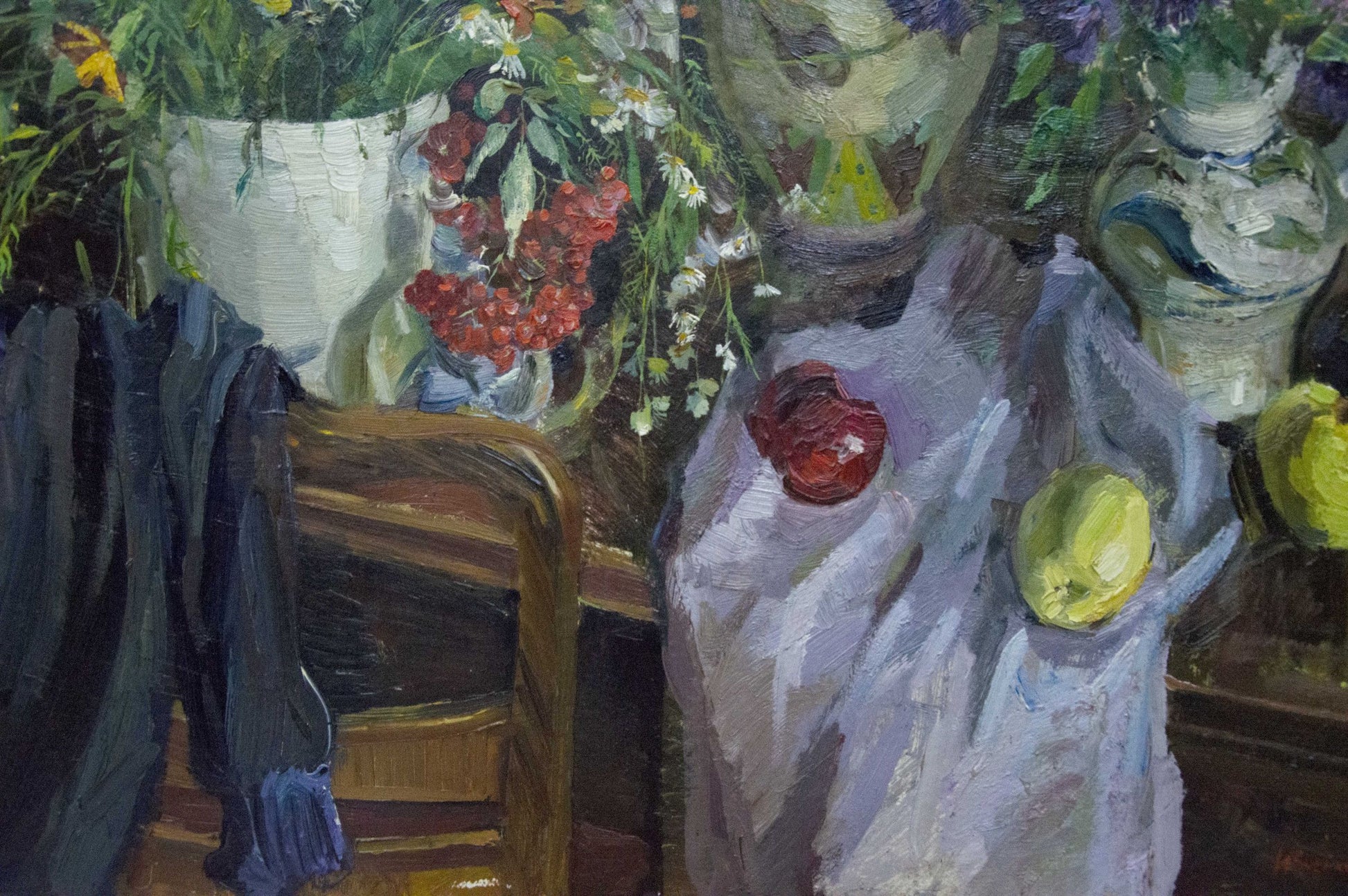 Oil painting by Ivchenko Anatoly Avramovich: red apple and green pear on gray bag