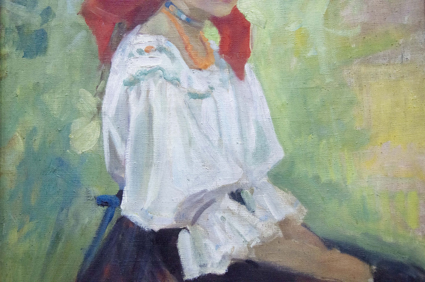 Oil painting portrait of girl in white embroidered blouse with ruffled sleeves and red scarf by Kotska Andrey Andreevich