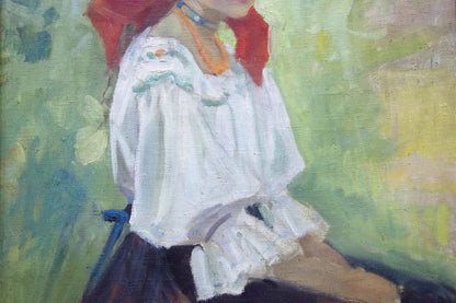 Oil painting portrait of girl in white embroidered blouse with ruffled sleeves and red scarf by Kotska Andrey Andreevich