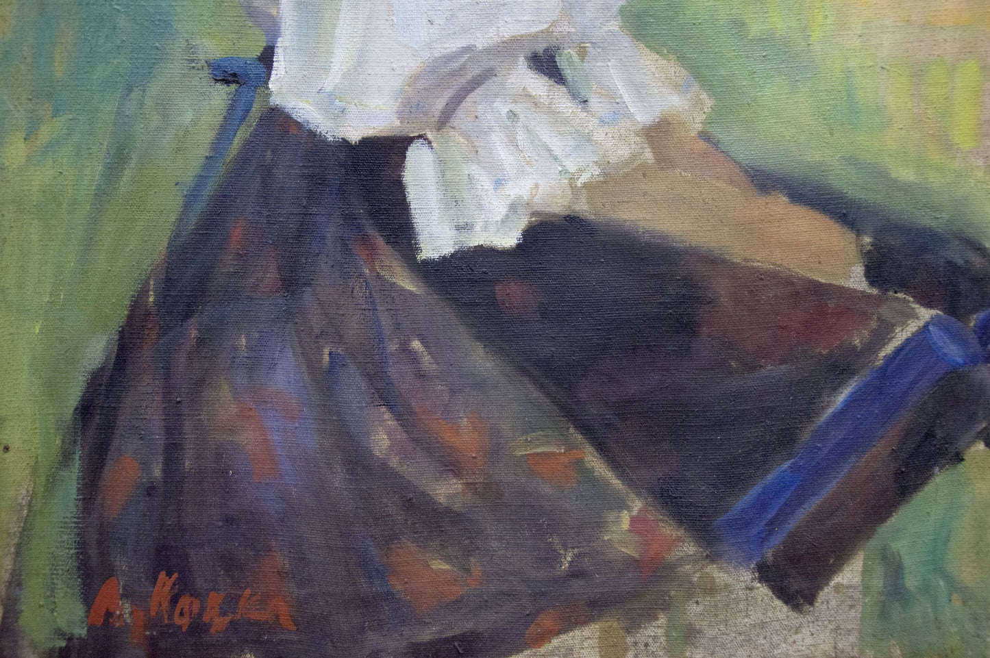 Oil painting portrait of girl in dark patterned skirt with orange accents by Kotska Andrey Andreevich