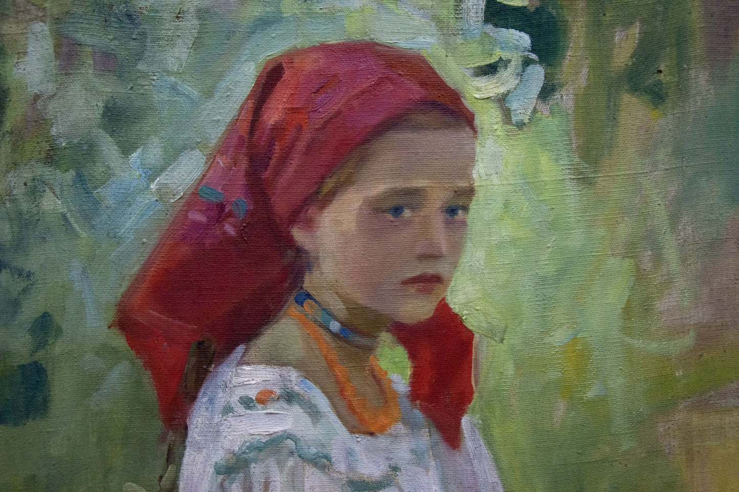 Oil painting portrait of girl in red headscarf by Kotska Andrey Andreevich