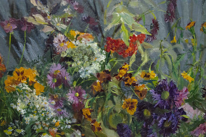Vibrant oil painting by Ivchenko Anatoly Avramovich: still life with apples and lush flowers