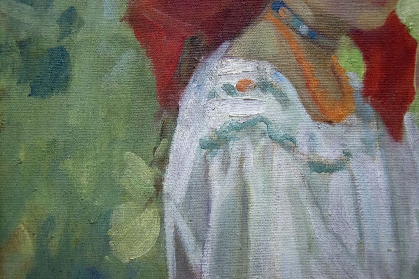 Oil painting portrait of girl by Kotska Andrey Andreevich, white textured with green orange accents