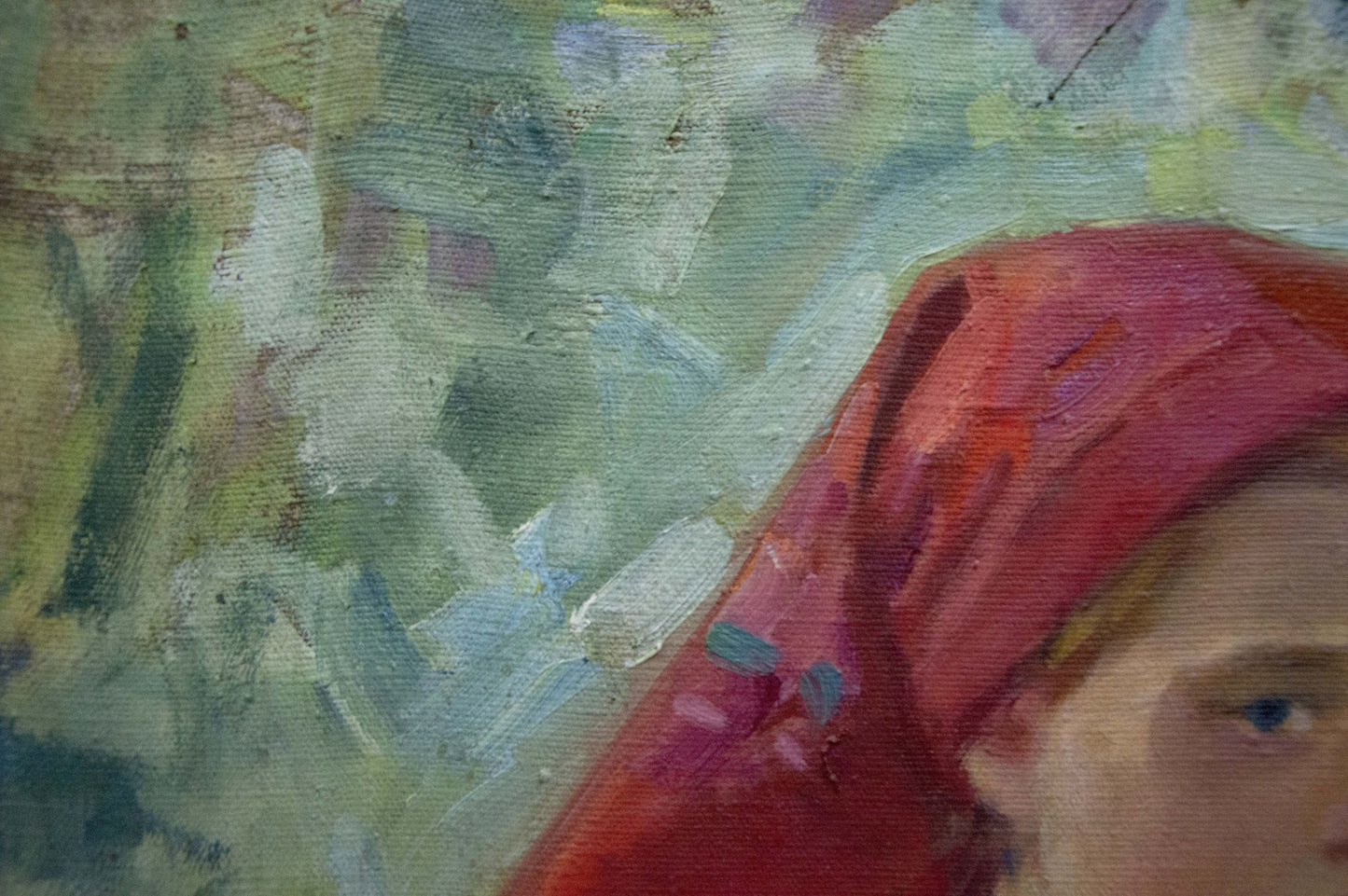 Oil painting portrait of girl in red floral headscarf by Kotska Andrey Andreevich