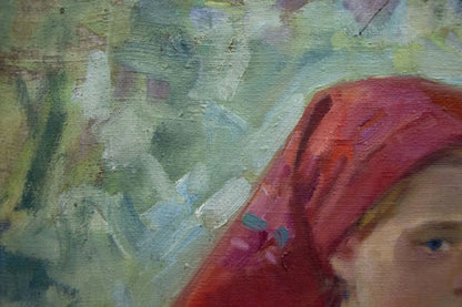 Oil painting portrait of girl in red floral headscarf by Kotska Andrey Andreevich