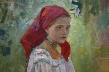 Oil painting portrait of young girl in red headscarf by Kotska Andrey Andreevich