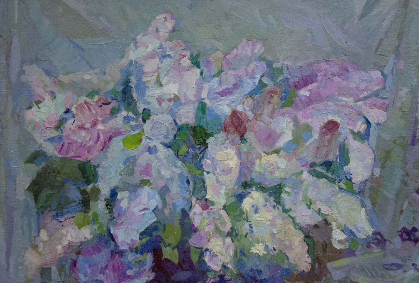 Vibrant impressionist oil painting of lush pink, lavender bouquet by Buzok Dovgalevskaya Vera Veniaminovna