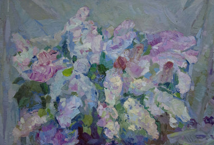 Vibrant impressionist oil painting of lush pink, lavender bouquet by Buzok Dovgalevskaya Vera Veniaminovna