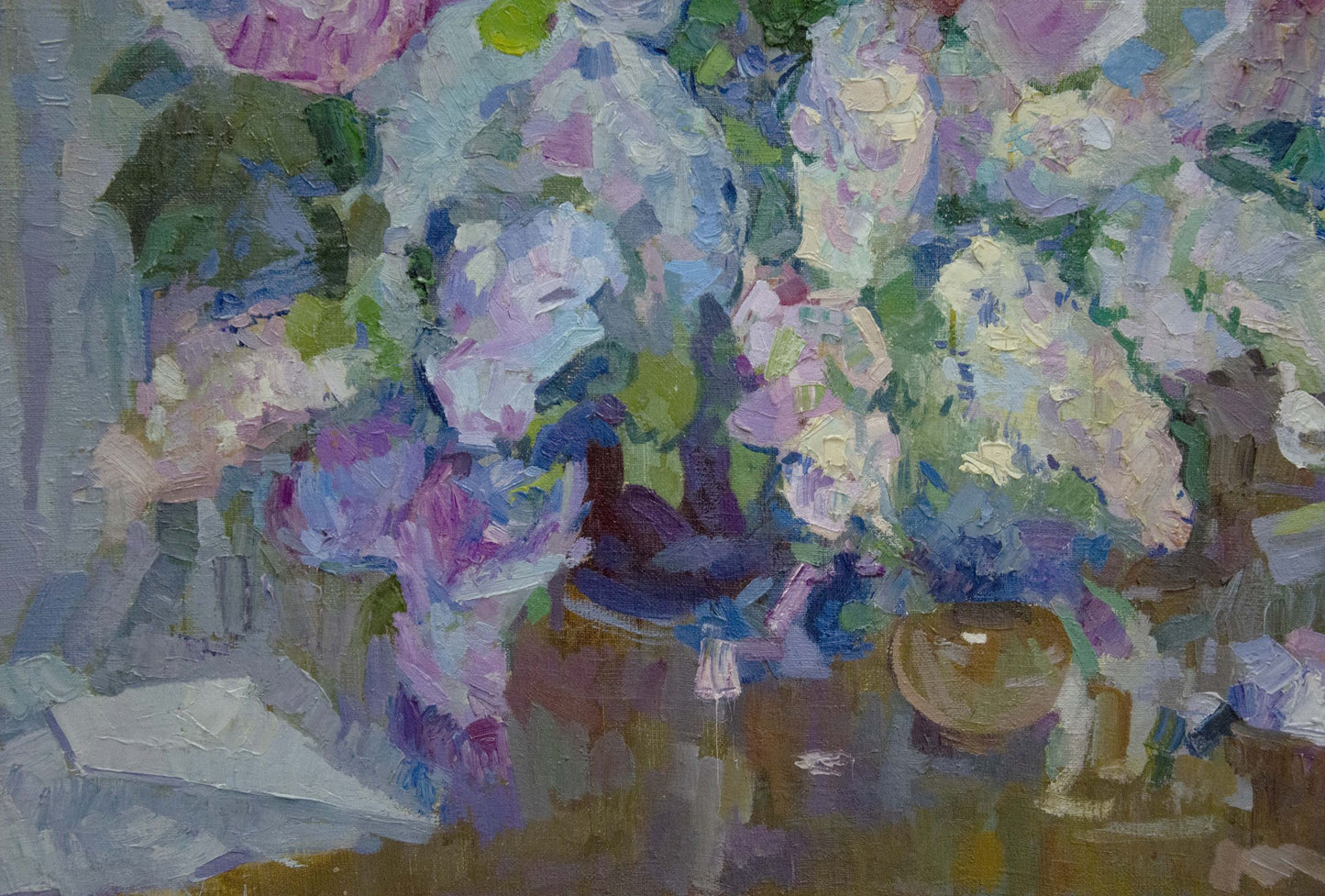 Vibrant impressionistic oil painting of pink white hydrangeas by Buzok Dovgalevskaya