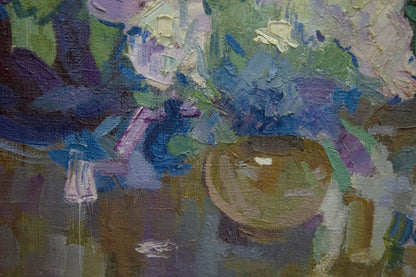 Oil painting by Buzok Dovgalevskaya Vera Veniaminovna of golden bowl and purple blue flowers