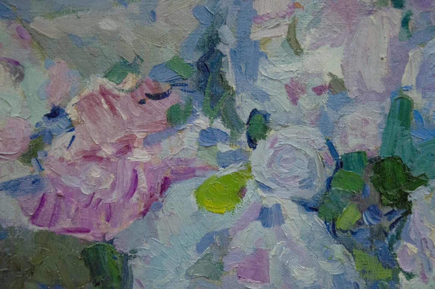 Vibrant impressionist oil painting of pink white flowers by Buzok Dovgalevskaya Vera Veniaminovna