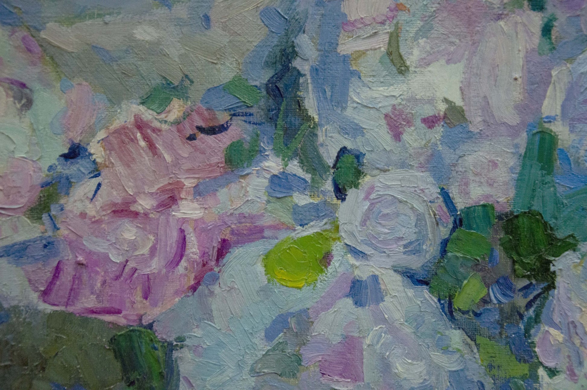 Vibrant impressionist oil painting of pink white flowers by Buzok Dovgalevskaya Vera Veniaminovna