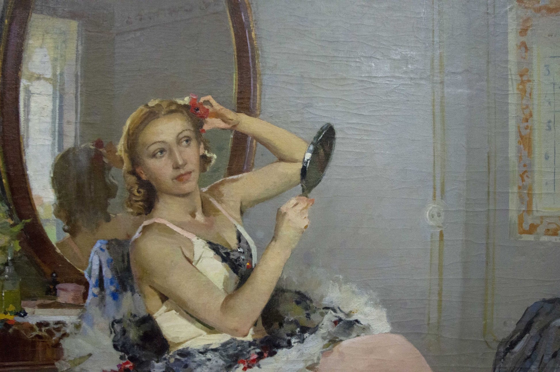 Oil painting portrait by Plamenitsky Anatoly Alexandrovich of woman in white blue dress with lace holding handheld mirror before vanity